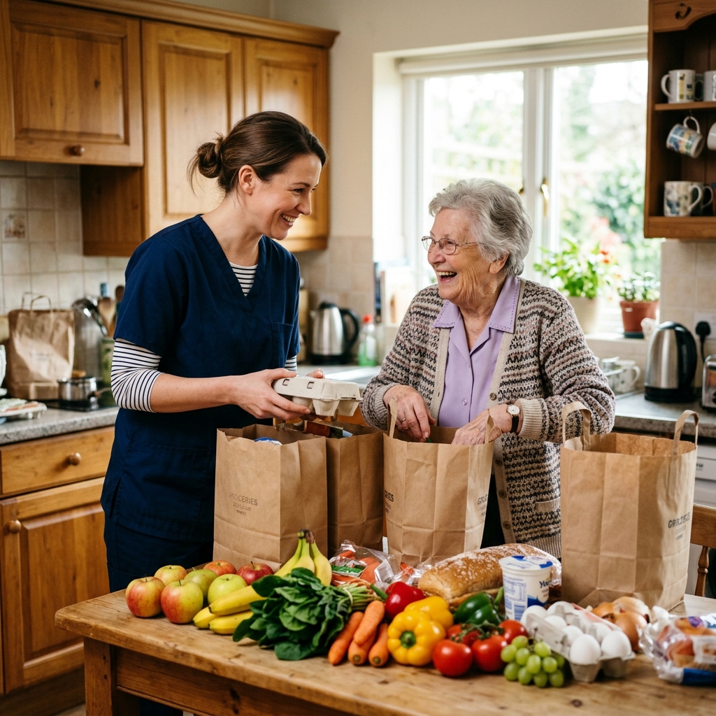 Caregiver helping senior unpack grocery bags