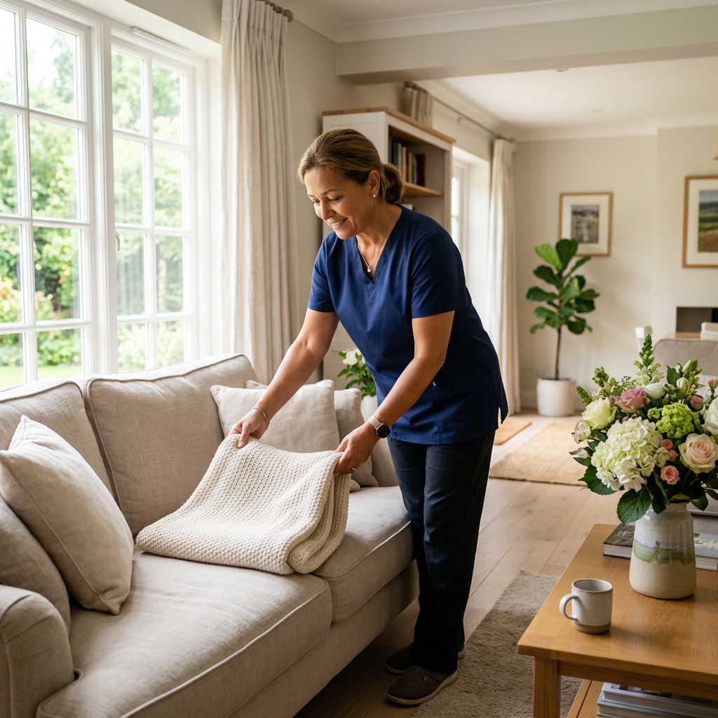 Caregiver tidying a bright, comfortable living room